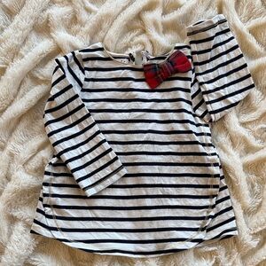 Mud Pie Black and White Striped Kids Tee with Red Plaid Bow
